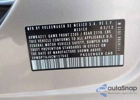 2012 Volkswagen Jetta 2.5L Se z USA, uszkodzony, nr VIN 3VWDP7AJ6CM127542